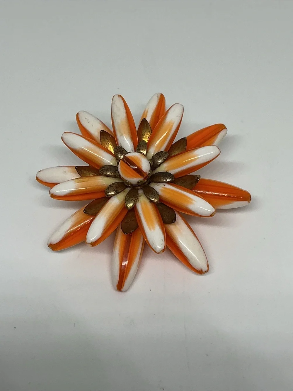 Vintage Orange & White Acrylic Dagger Bead Flower Brooch, Layered Starburst